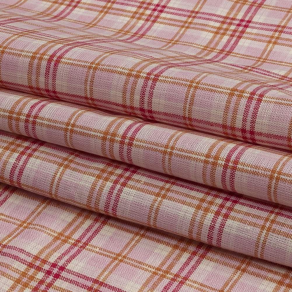 Pink, Orange and Cream Plaid Lightweight Linen Woven - Folded