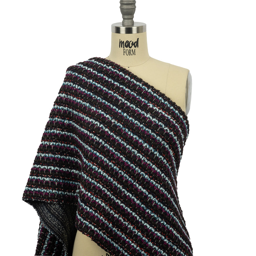 Navy, Sky Blue and Red Violet Striped Boucle Chunky Wool Sweater Knit Drape