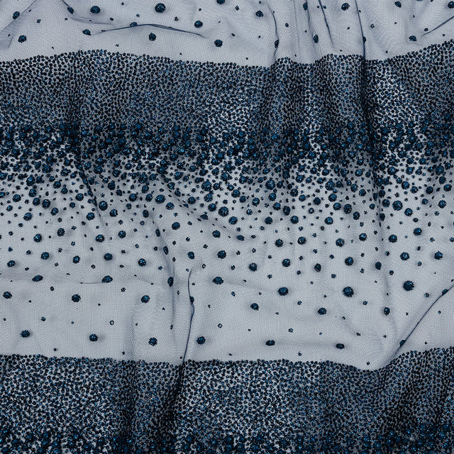 Flocked Puffy Glitter Tulle - Navy Abstract Stripes