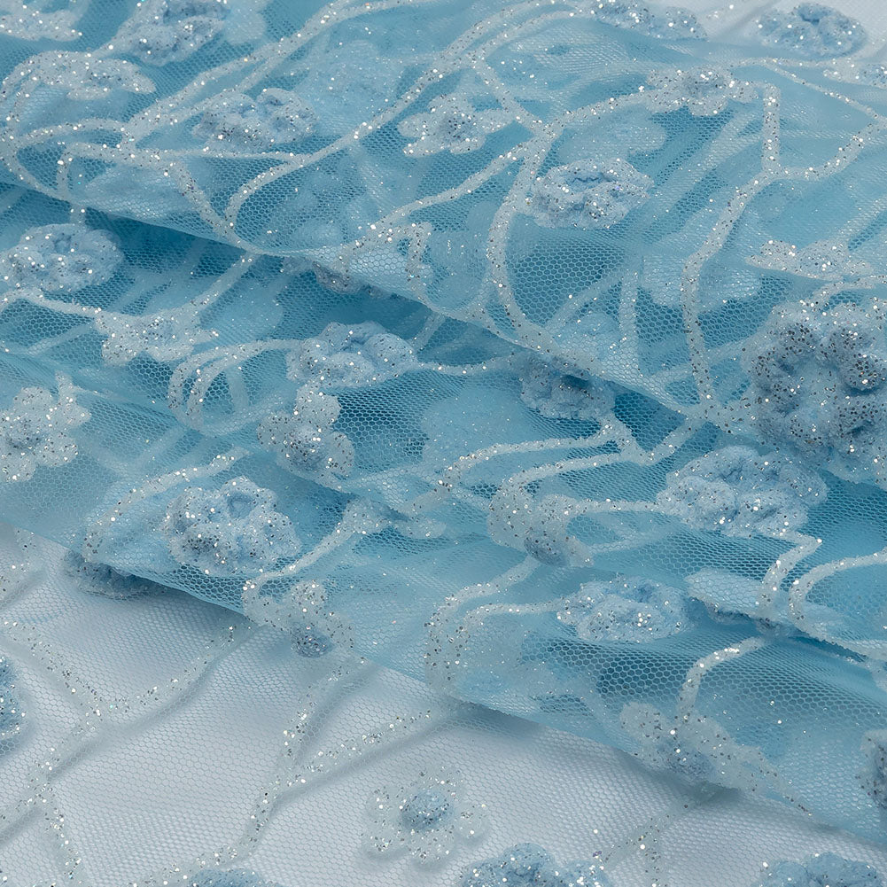 3D Puffy Glitter Tulle - Baby Blue and White Flowers and Geometric Stems - Folded