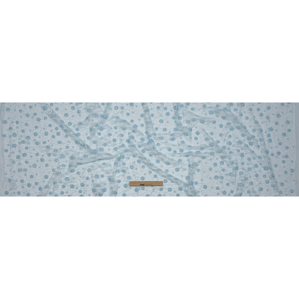 3D Puffy Glitter Tulle - Baby Blue and White Flowers and Geometric Stems - Full
