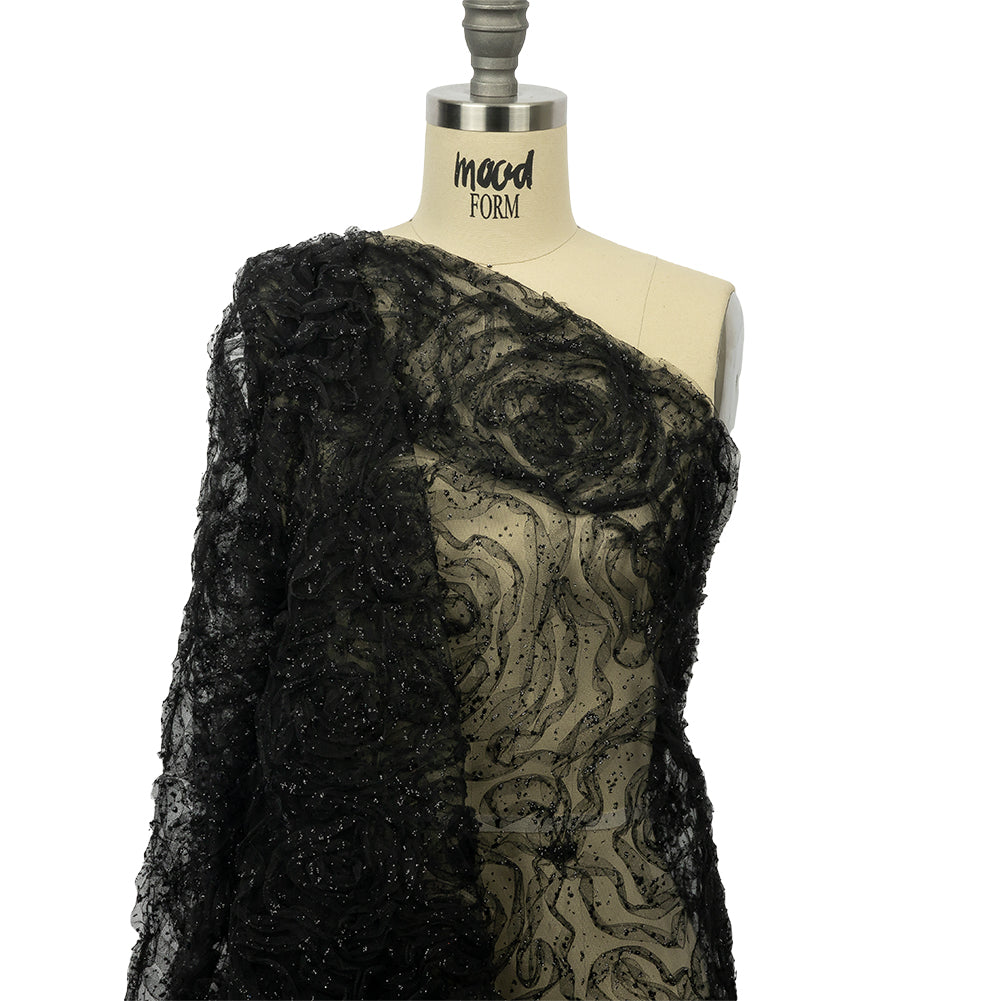 3D Fabric Roses Glitter Tulle - Black - Drape