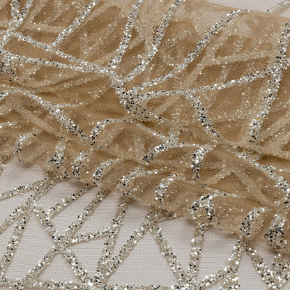 Glitter Tulle - Mink and Silver Linear Geometry