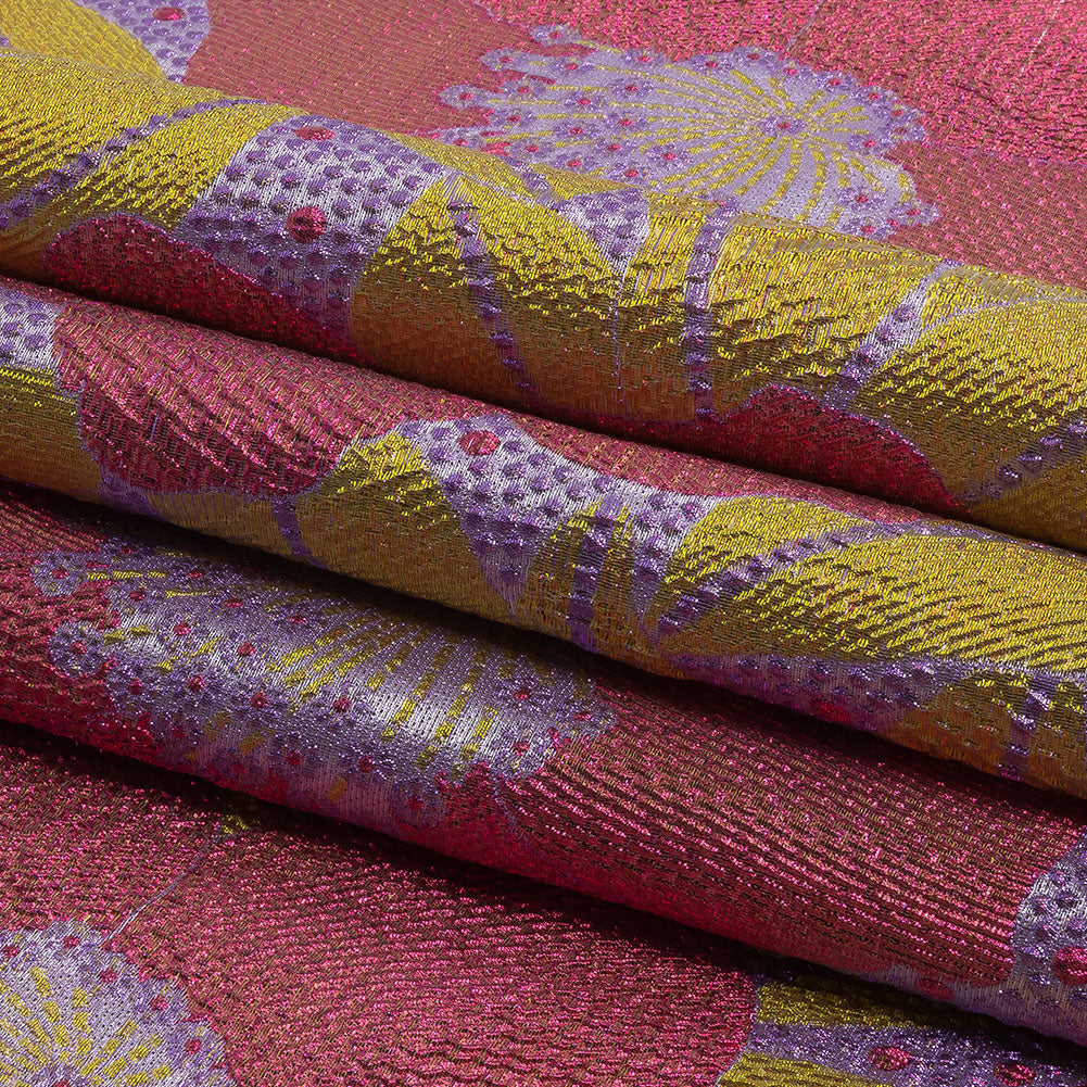 Metallic Purple, Pink and Yellow Tropical Flowers Luxury Brocade - Folded