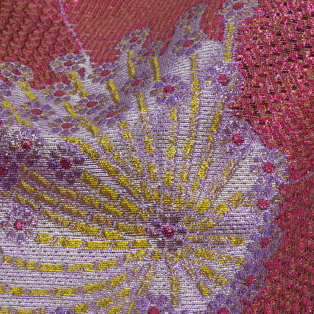 Metallic Purple, Pink and Yellow Tropical Flowers Luxury Brocade - Detail