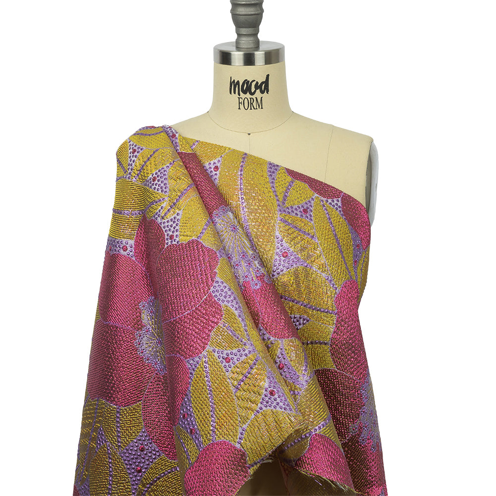 Metallic Purple, Pink and Yellow Tropical Flowers Luxury Brocade - Drape