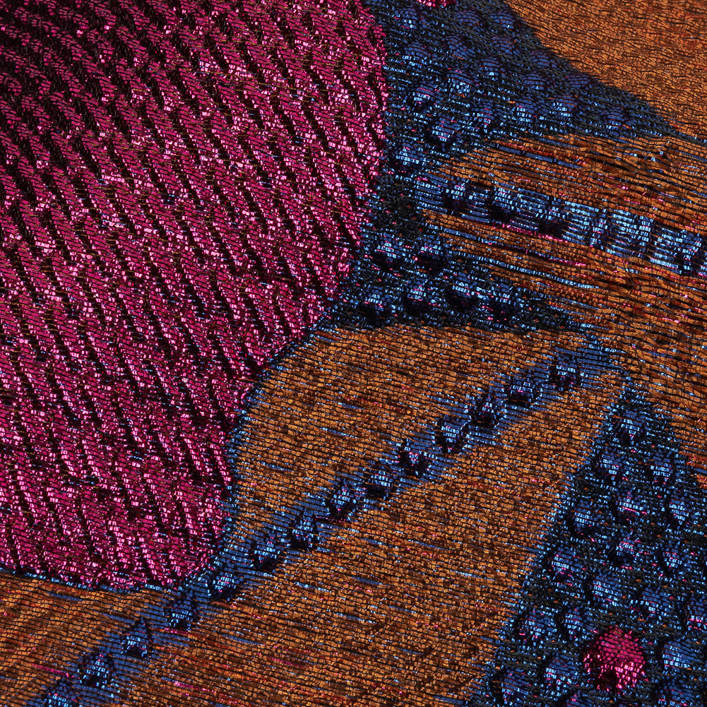 Metallic Magenta, Burnt Orange and Blue Tropical Flowers Luxury Brocade - Detail