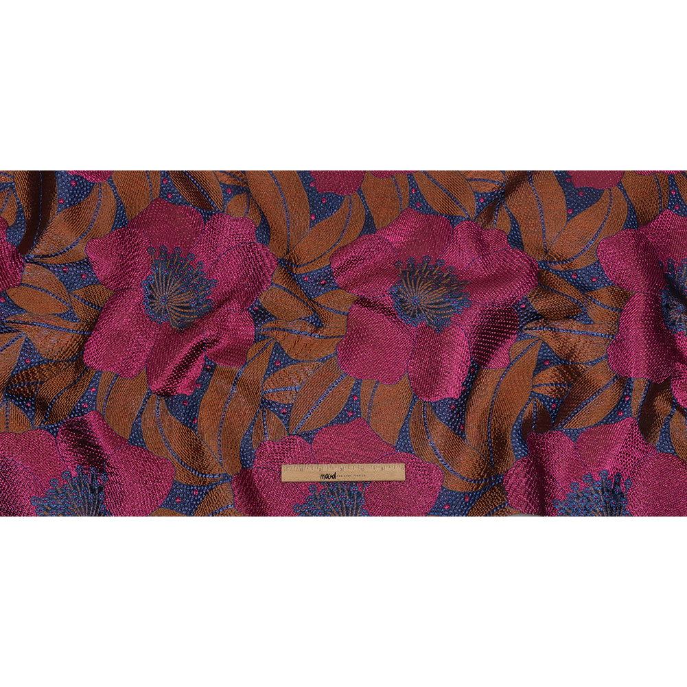 Metallic Magenta, Burnt Orange and Blue Tropical Flowers Luxury Brocade - Full