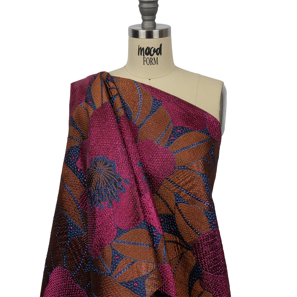 Metallic Magenta, Burnt Orange and Blue Tropical Flowers Luxury Brocade - Drape