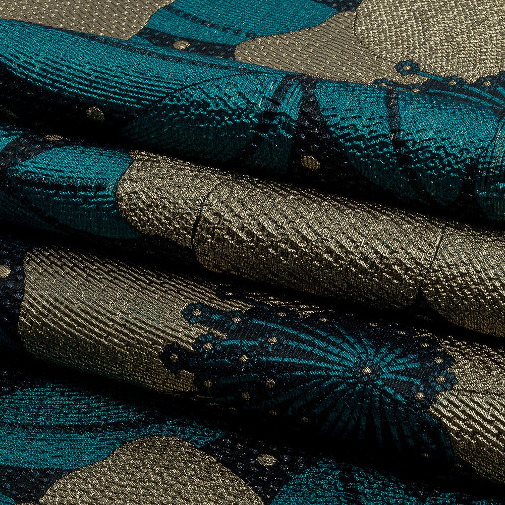 Metallic Gold, Teal and Navy Tropical Flowers Luxury Brocade - Folded