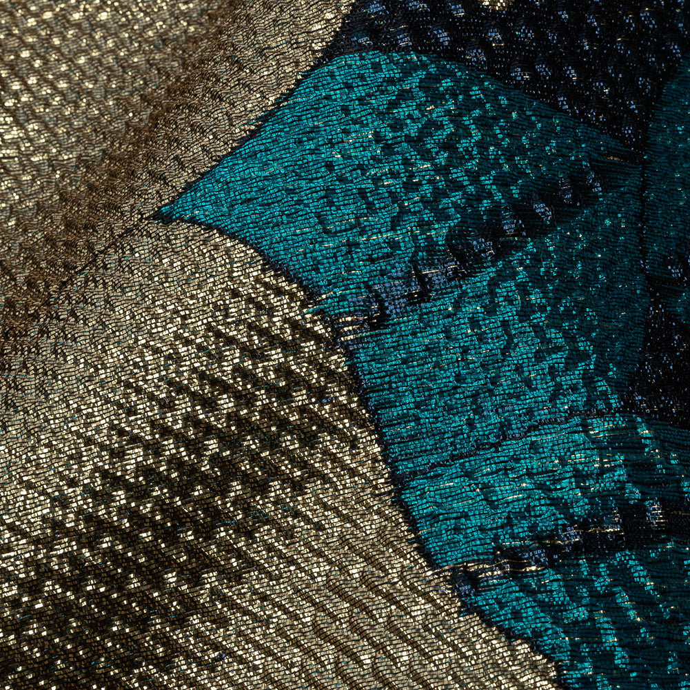 Metallic Gold, Teal and Navy Tropical Flowers Luxury Brocade - Detail