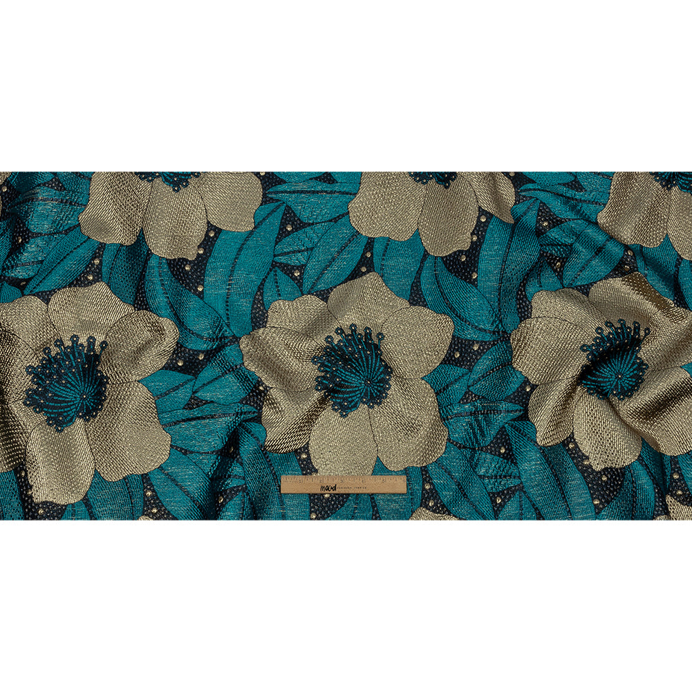 Metallic Gold, Teal and Navy Tropical Flowers Luxury Brocade - Full