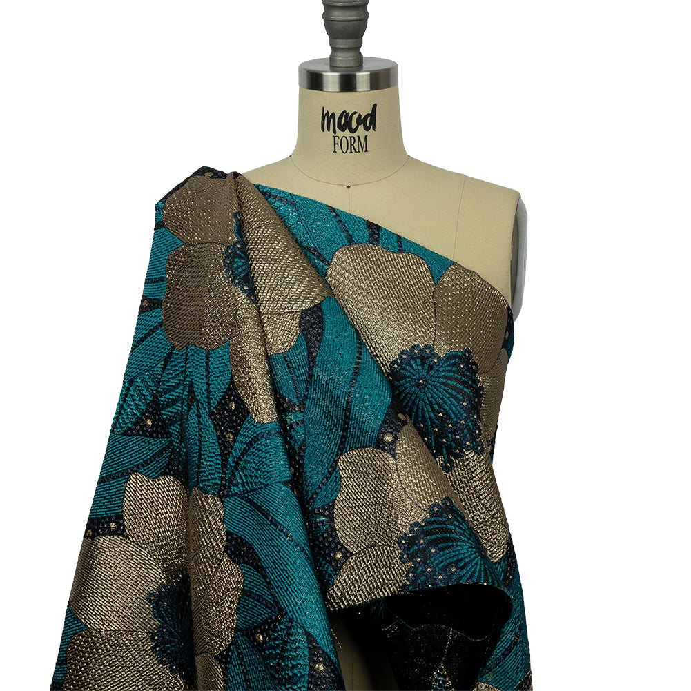 Metallic Gold, Teal and Navy Tropical Flowers Luxury Brocade - Drape
