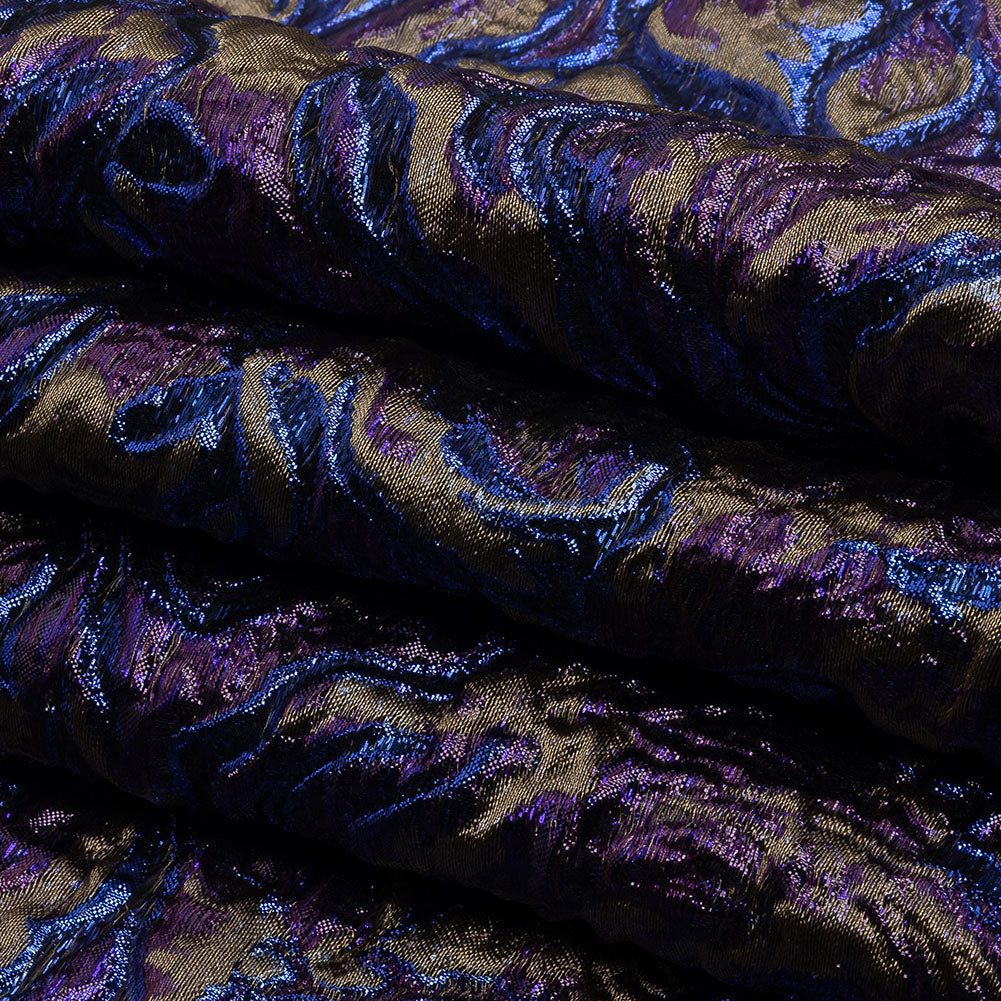 Metallic Royal Blue, Aubergine and Dark Gold Smoky Swirls Luxury Brocade - Folded