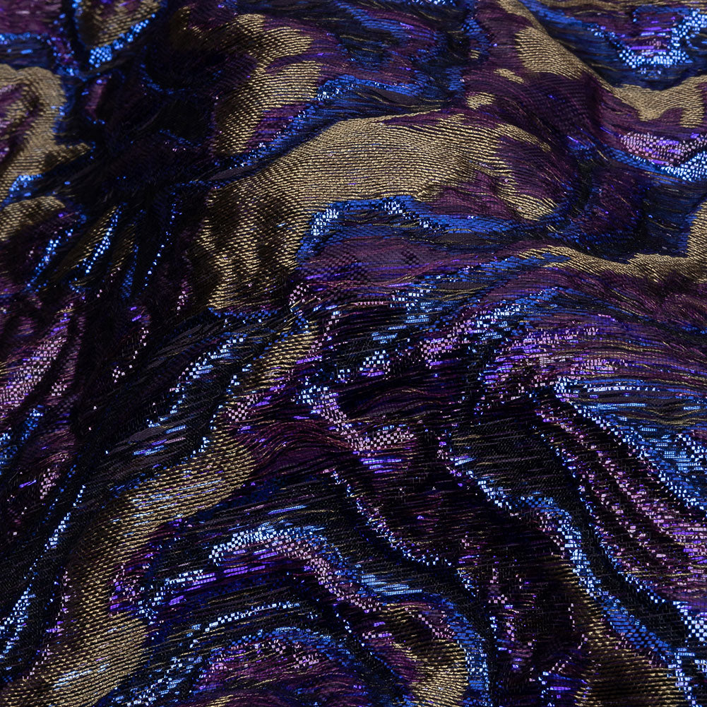 Metallic Royal Blue, Aubergine and Dark Gold Smoky Swirls Luxury Brocade - Detail