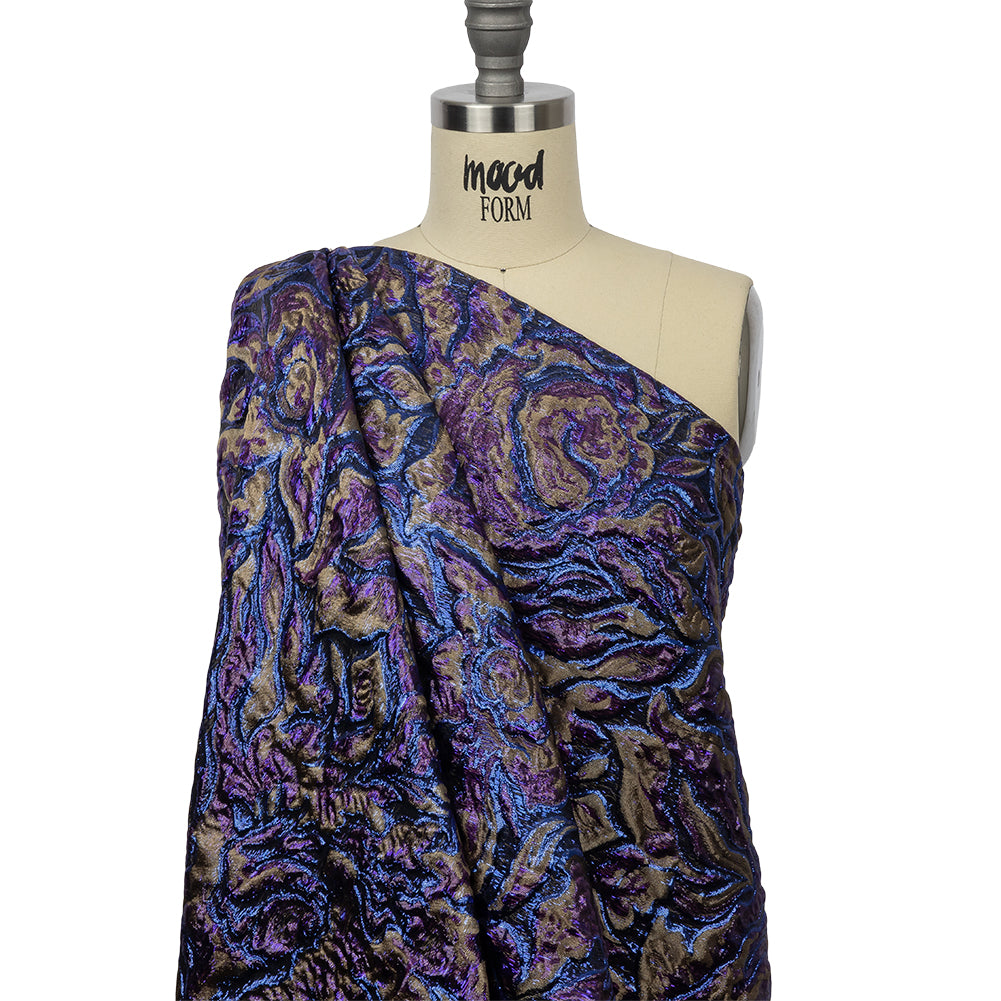 Metallic Royal Blue, Aubergine and Dark Gold Smoky Swirls Luxury Brocade - Drape