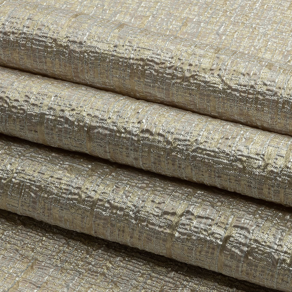 Metallic Silver, Harvest Gold and Beige Crosshatched Lines Luxury Brocade Folded