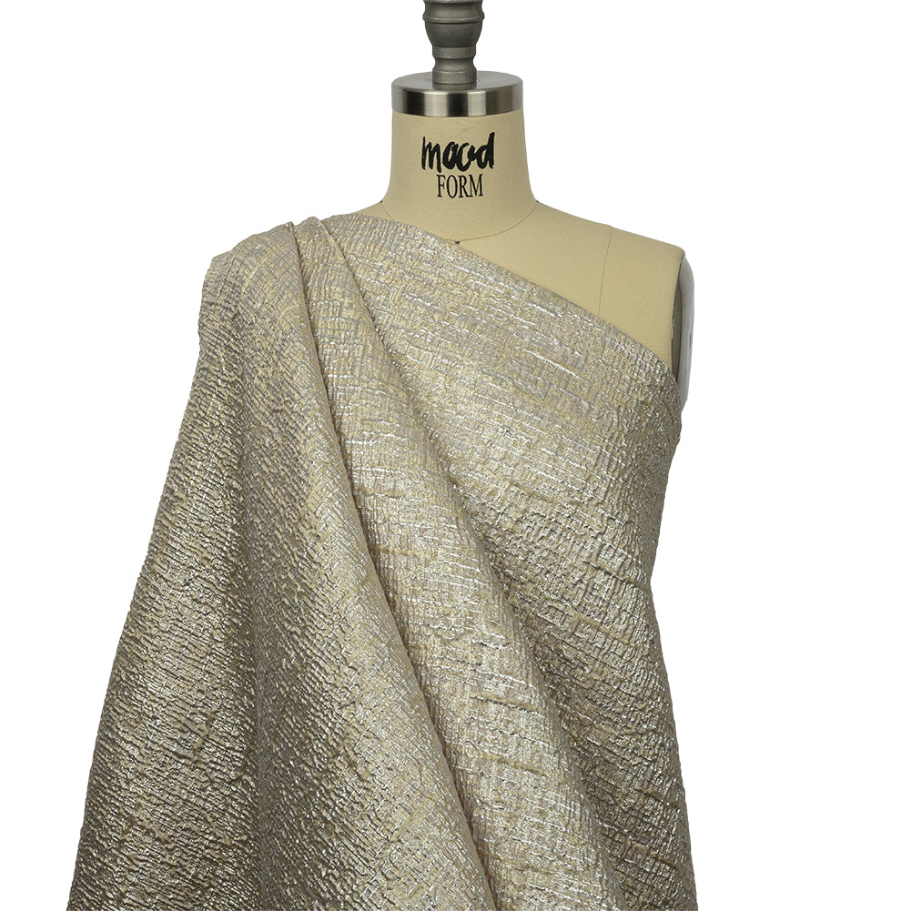 Metallic Silver, Harvest Gold and Beige Crosshatched Lines Luxury Brocade Drape