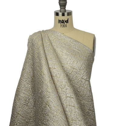 Metallic Silver, Harvest Gold and Beige Crosshatched Lines Luxury Brocade Drape