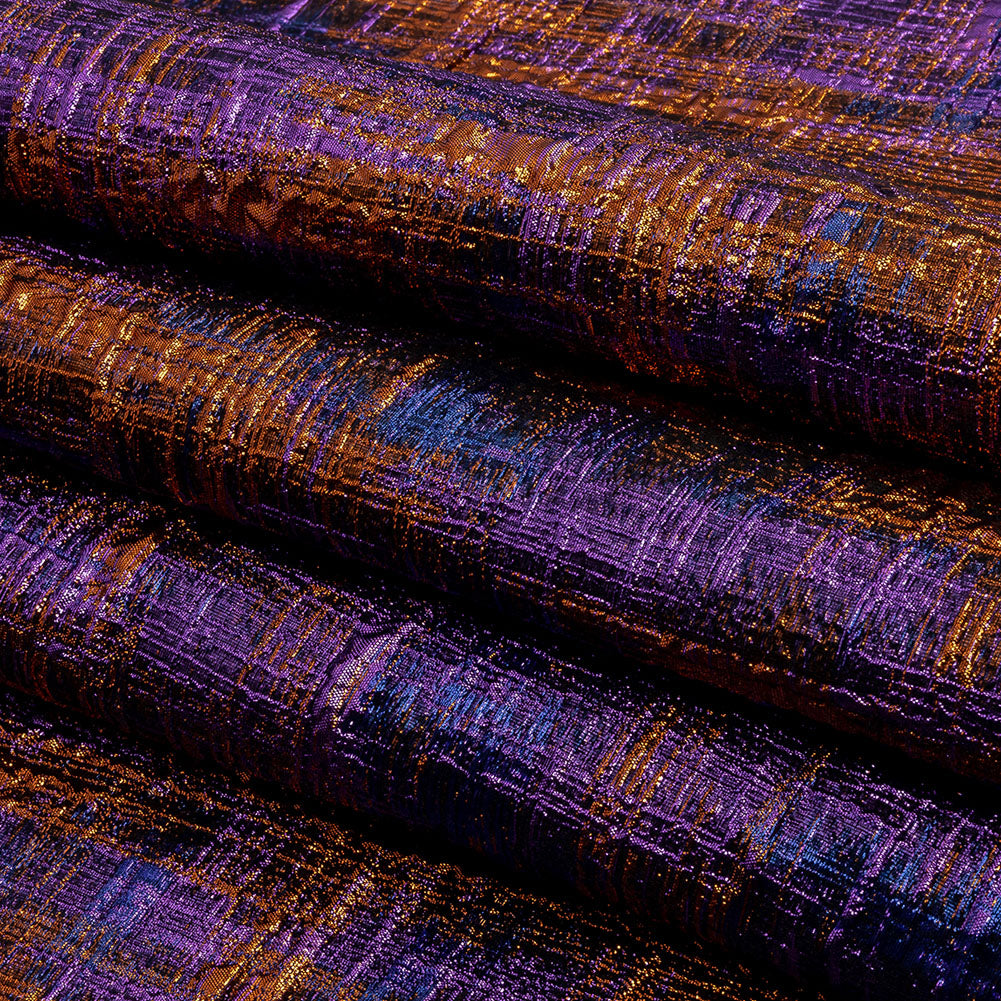Metallic Blue, Purple and Orange Distressed Plaid Luxury Brocade - Folded