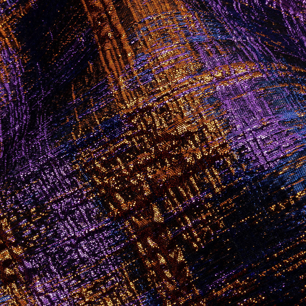 Metallic Blue, Purple and Orange Distressed Plaid Luxury Brocade - Detail