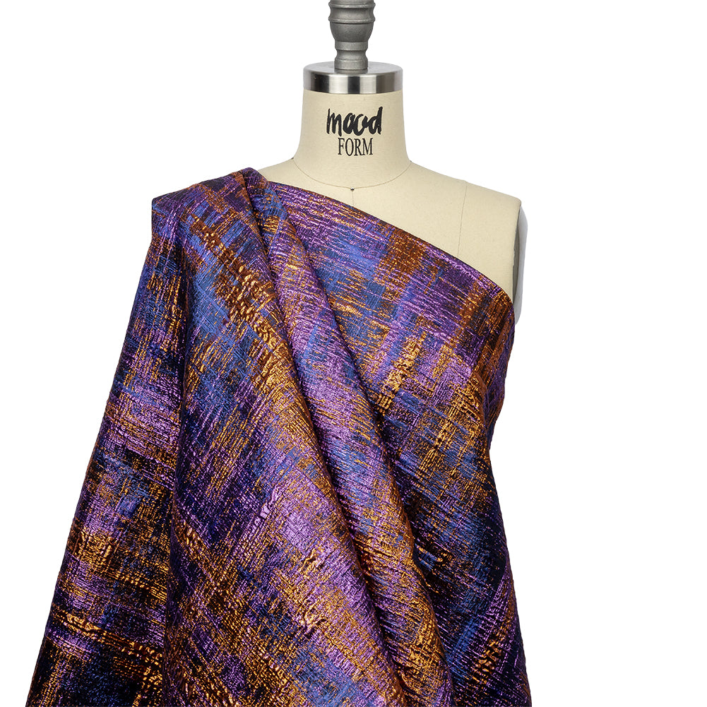 Metallic Blue, Purple and Orange Distressed Plaid Luxury Brocade - Drape