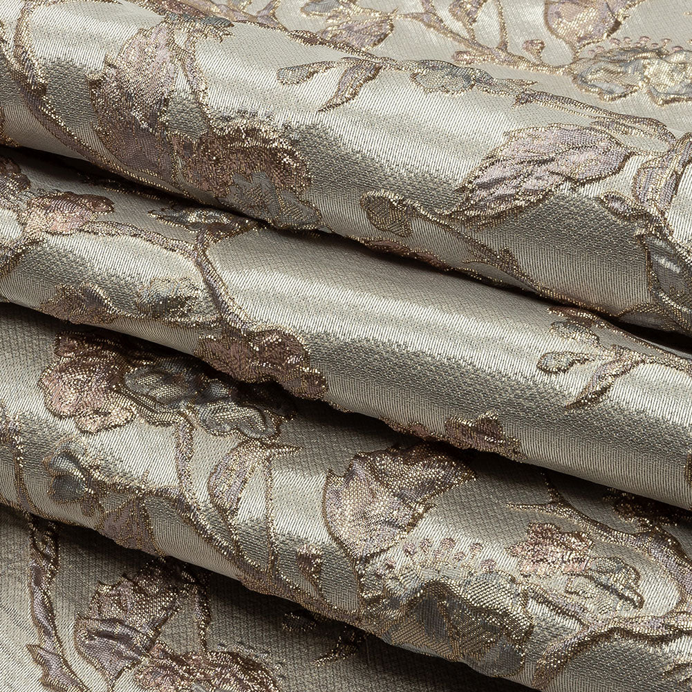Metallic Gray, Gold and Bubblegum Pink Flowering Vines Luxury Brocade - Folded