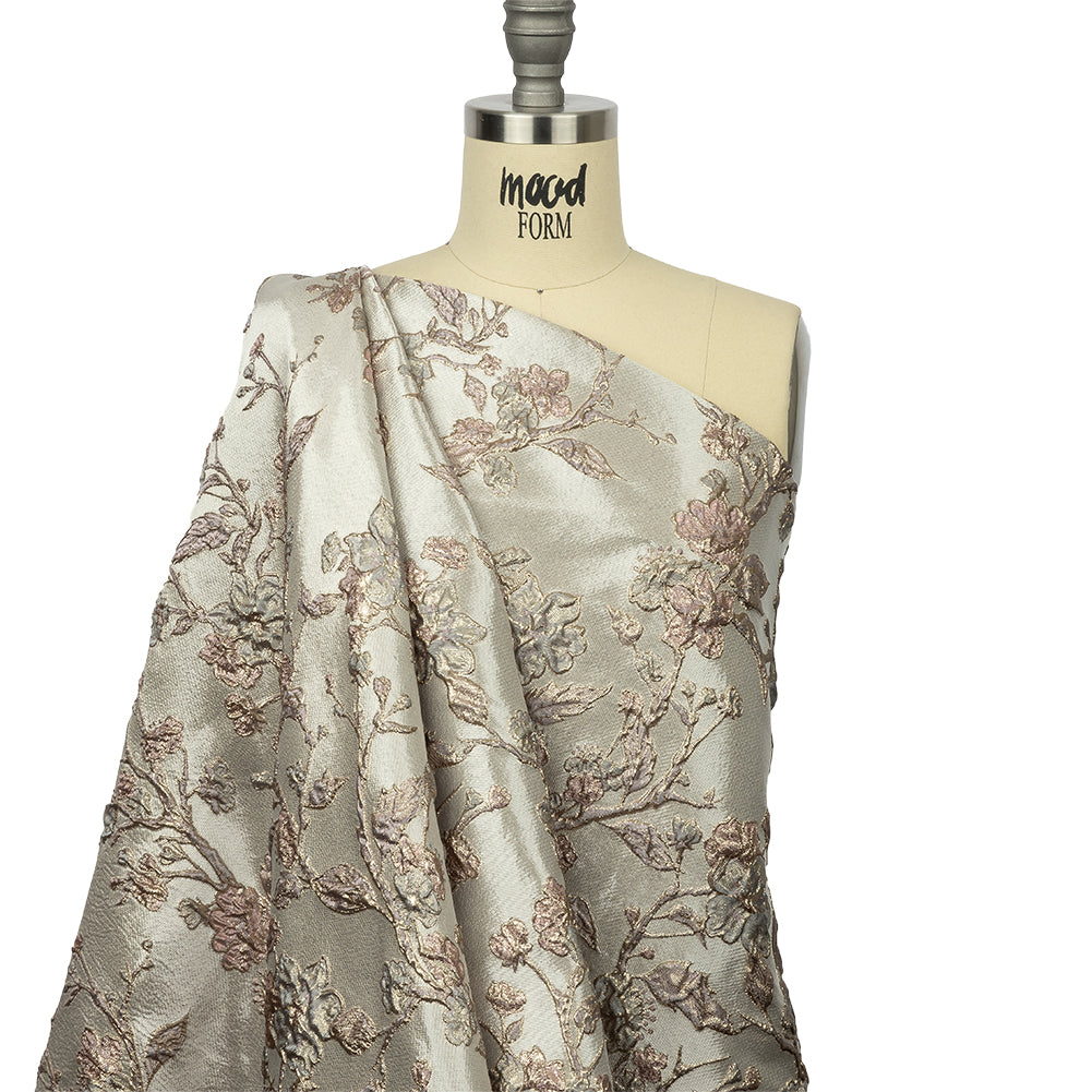 Metallic Gray, Gold and Bubblegum Pink Flowering Vines Luxury Brocade - Drape