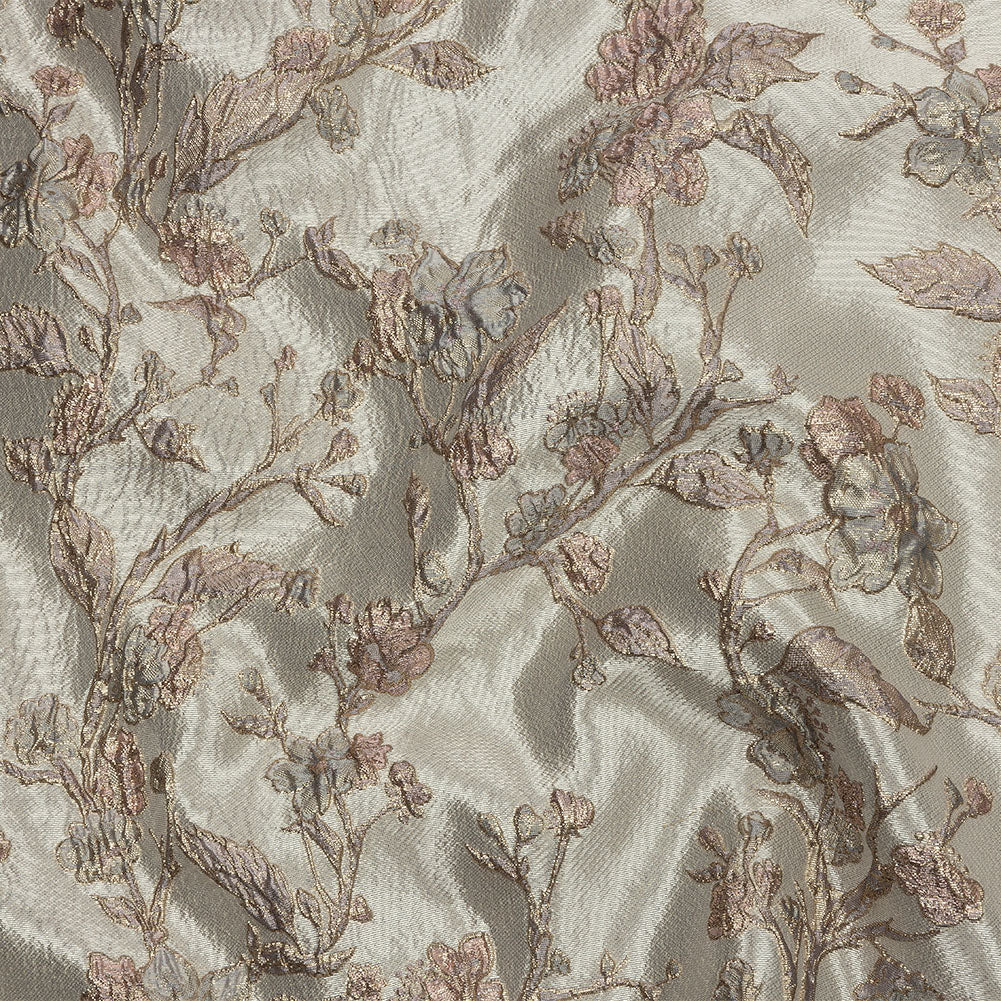 Metallic Gray, Gold and Bubblegum Pink Flowering Vines Luxury Brocade