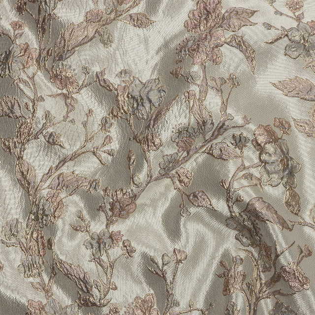 Metallic Gray, Gold and Bubblegum Pink Flowering Vines Luxury Brocade