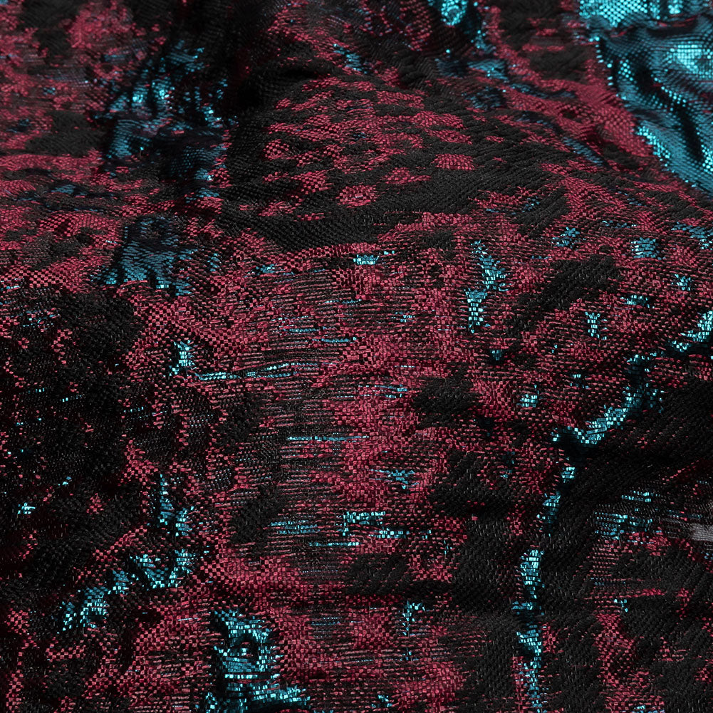 Metallic Electric Blue and Jam Red Luxury Burnout Brocade - Detail
