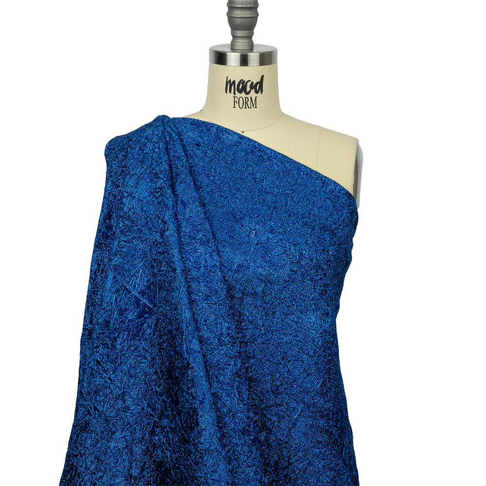 Astrolabe Metallic Royal Blue Crinkled Luxury Brocade with Black Backing - Drape
