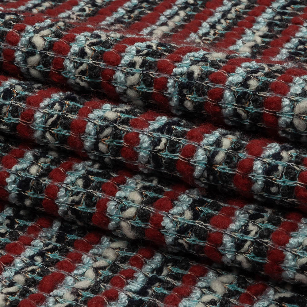 Red, Baby Blue and Charcoal Striped Chunky Wool Blend Boucle Sweater Knit Folded