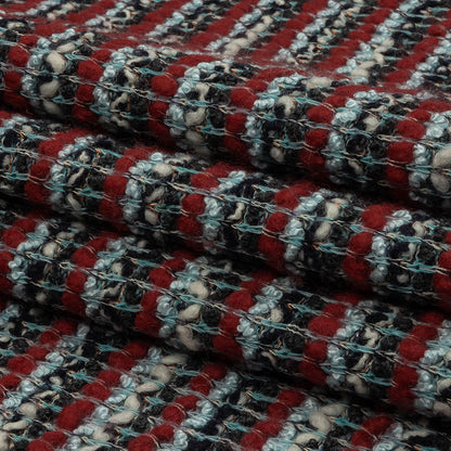 Red, Baby Blue and Charcoal Striped Chunky Wool Blend Boucle Sweater Knit Folded