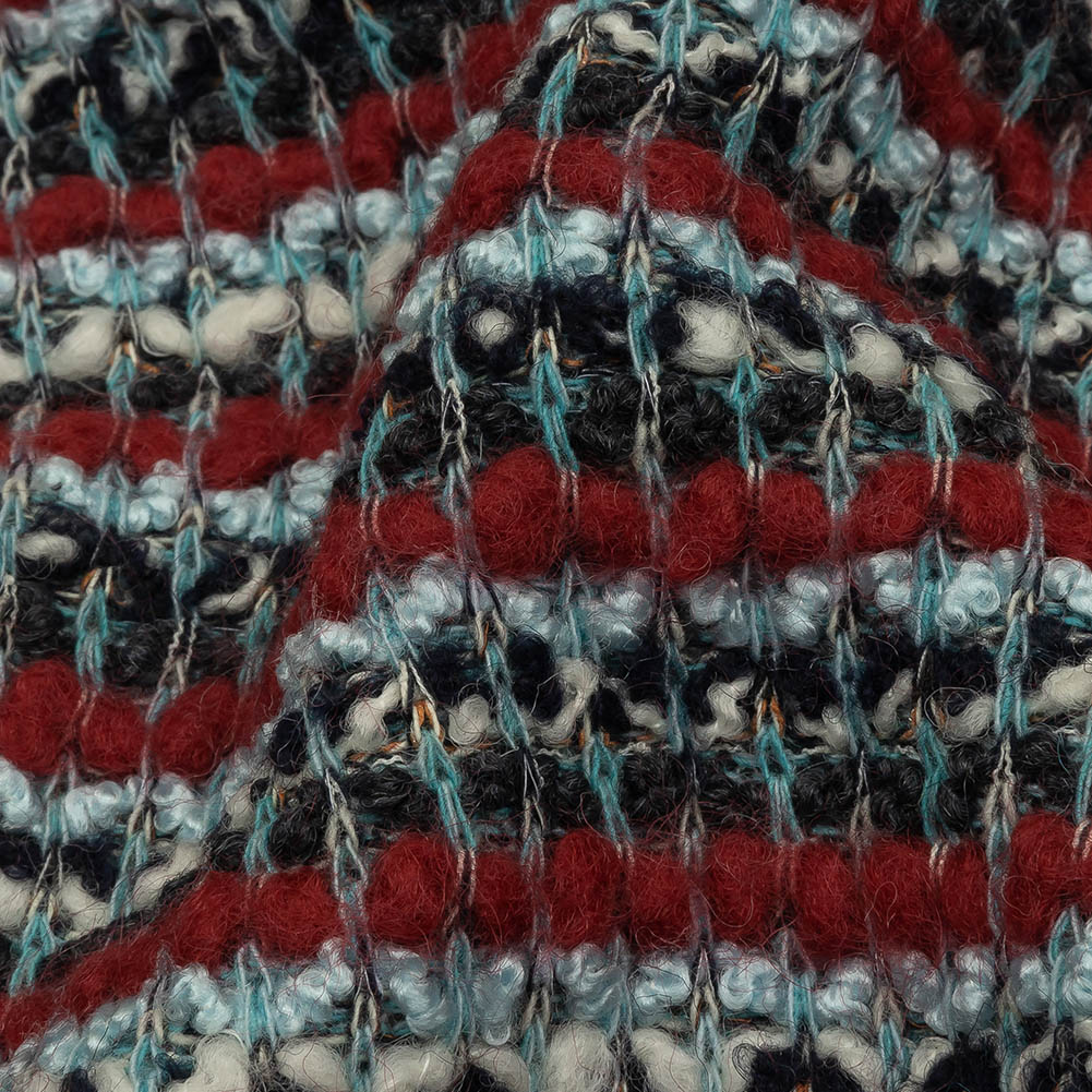 Red, Baby Blue and Charcoal Striped Chunky Wool Blend Boucle Sweater Knit Detail