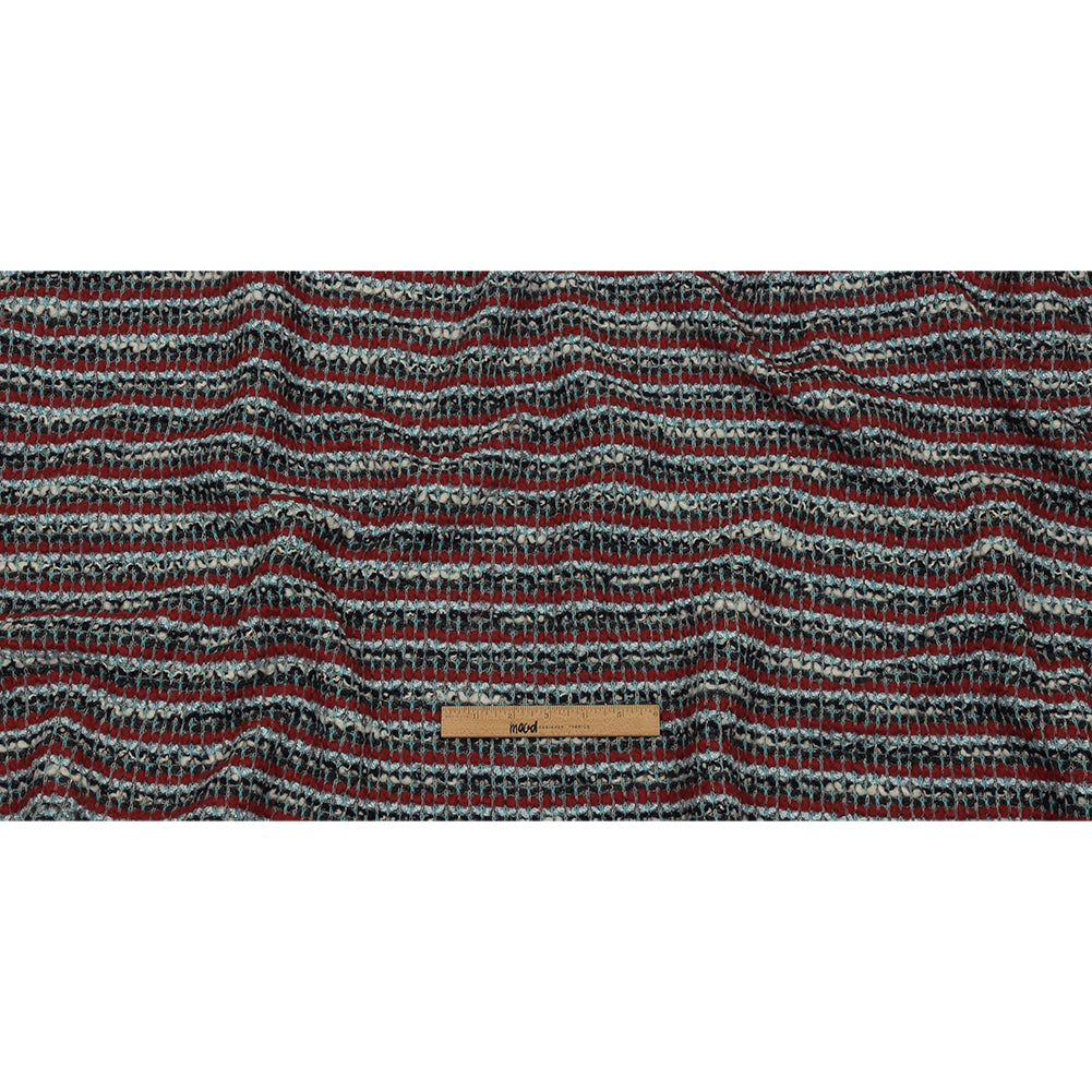 Red, Baby Blue and Charcoal Striped Chunky Wool Blend Boucle Sweater Knit Full
