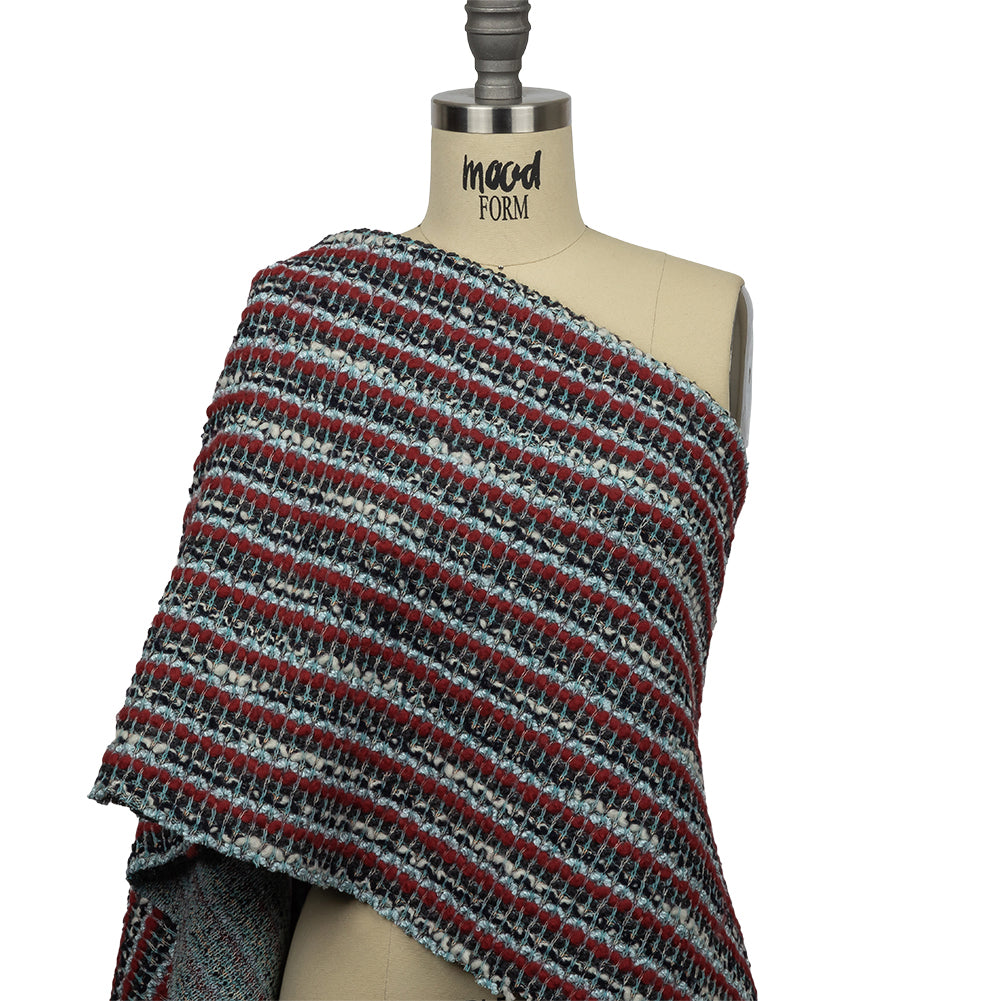 Red, Baby Blue and Charcoal Striped Chunky Wool Blend Boucle Sweater Knit Drape