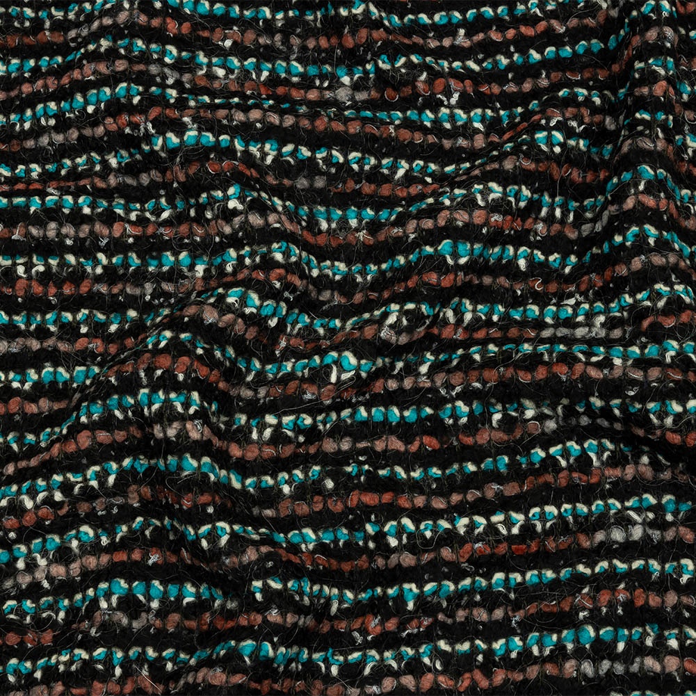Russet, Turquoise and Black Boucle Stripes Chunky Wool Blend Sweater Knit