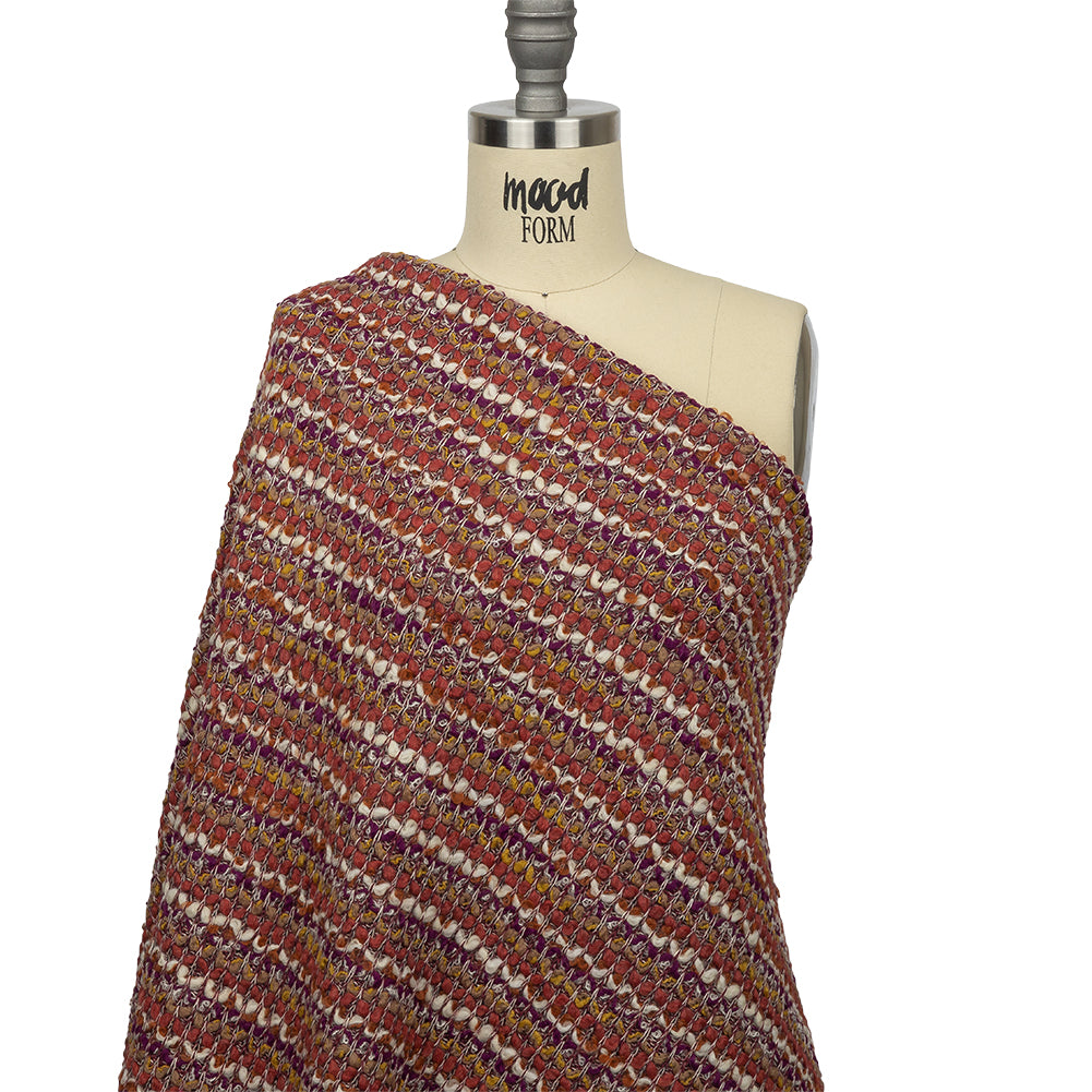 Magenta, Desert Rose and White Boucle Stripes Chunky Wool Blend Sweater Knit Drape