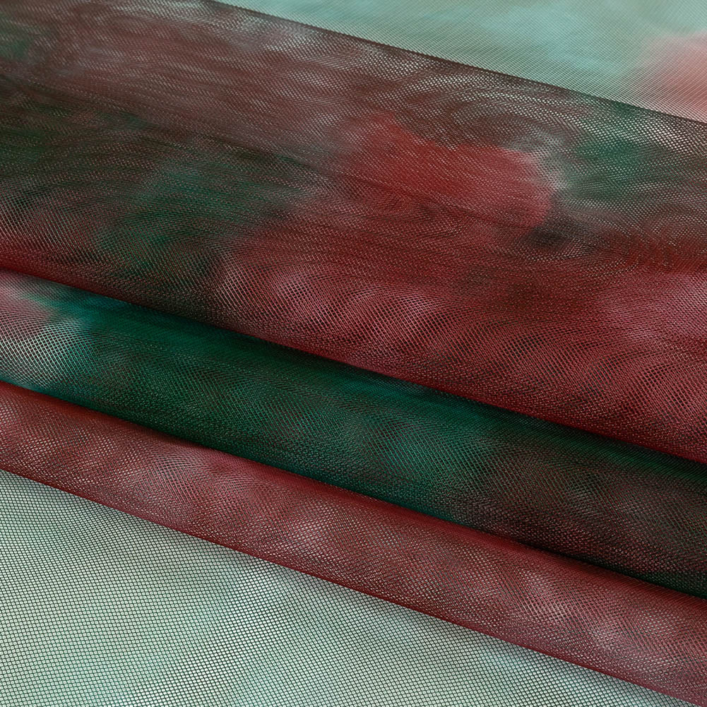 Red and Green Abstract Watercolor Printed Tulle - Folded