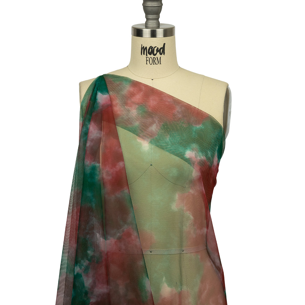Red and Green Abstract Watercolor Printed Tulle - Drape