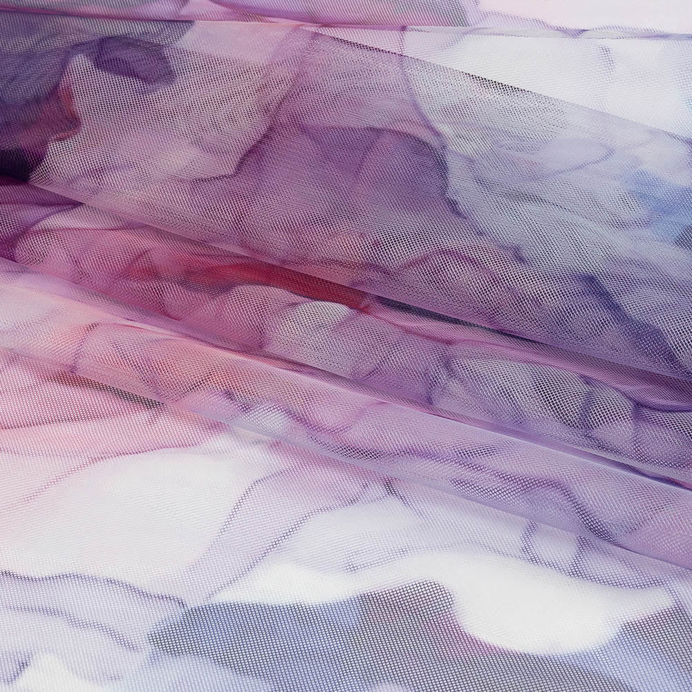Dark Pink, Purple and Blue Abstract Watercolor Printed Tulle - Folded