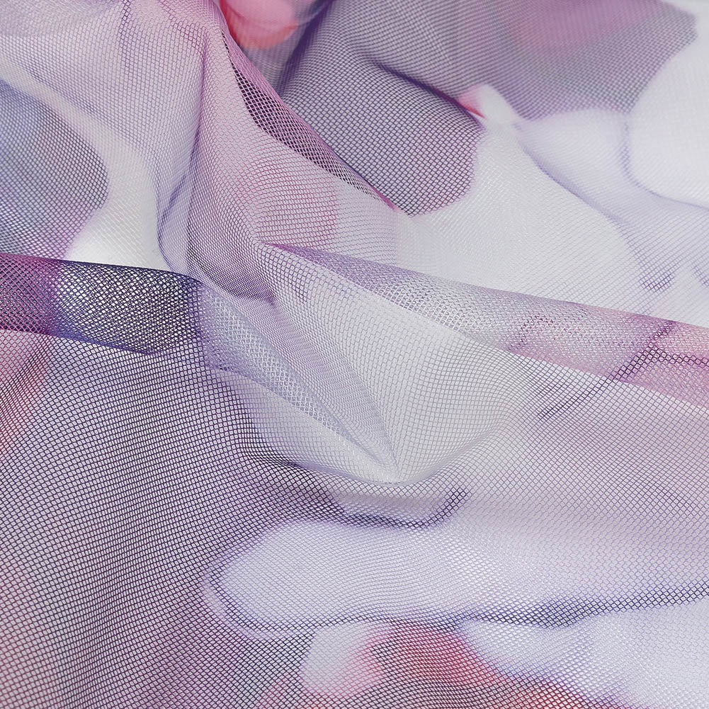Dark Pink, Purple and Blue Abstract Watercolor Printed Tulle - Detail