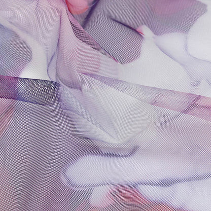 Dark Pink, Purple and Blue Abstract Watercolor Printed Tulle