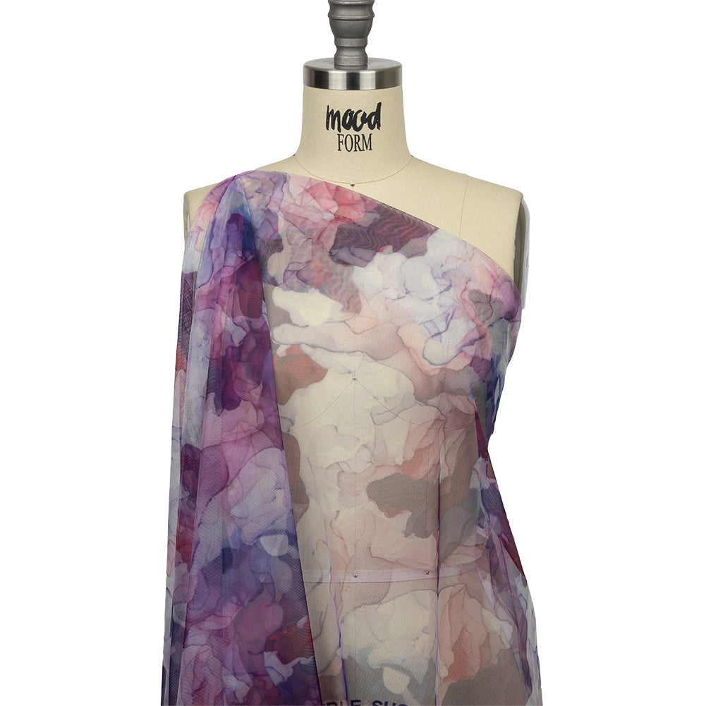 Dark Pink, Purple and Blue Abstract Watercolor Printed Tulle - Drape