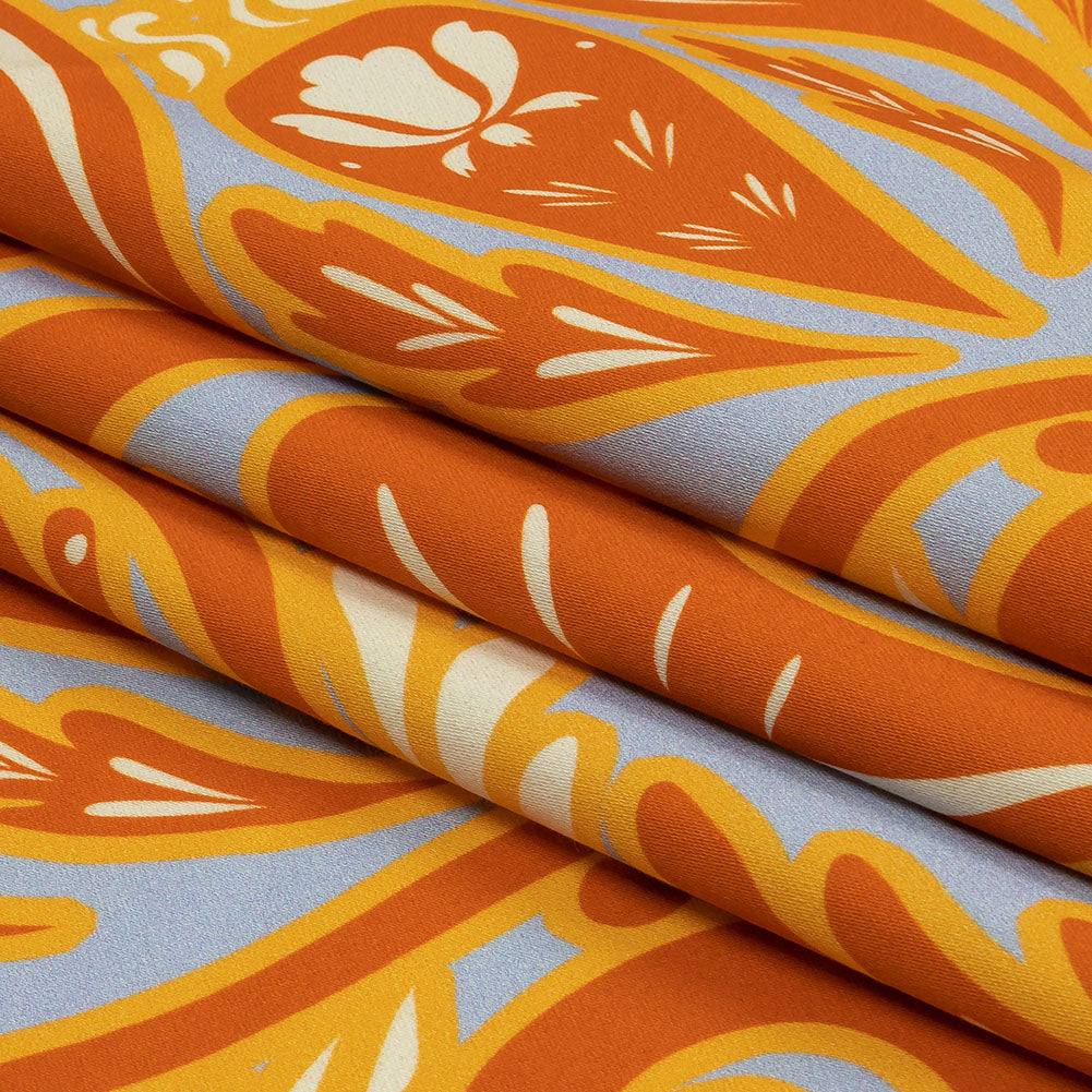 Stretch Cotton Sateen - Orange Ornamental Paisleys - Vacation Vibrations Print - Mood Exclusive Groove Collection - Folded