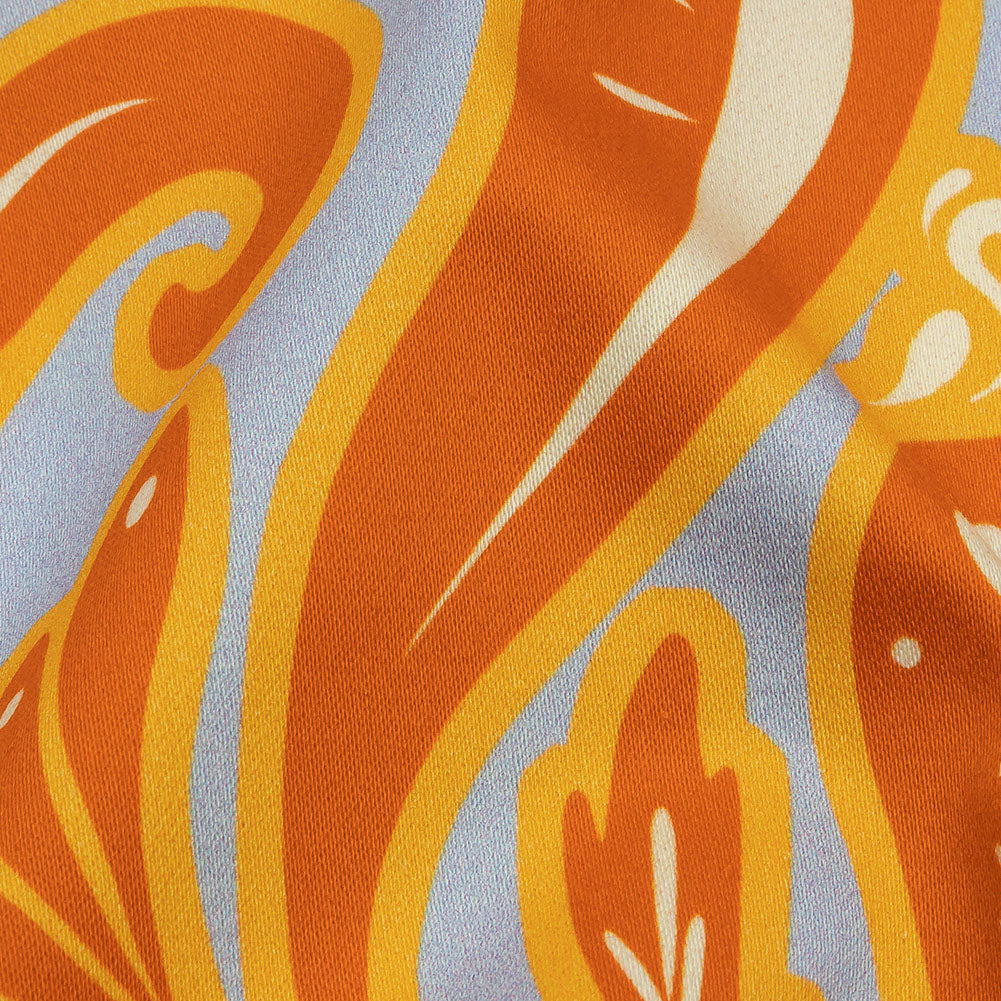 Stretch Cotton Sateen - Orange Ornamental Paisleys - Vacation Vibrations Print - Mood Exclusive Groove Collection - Detail