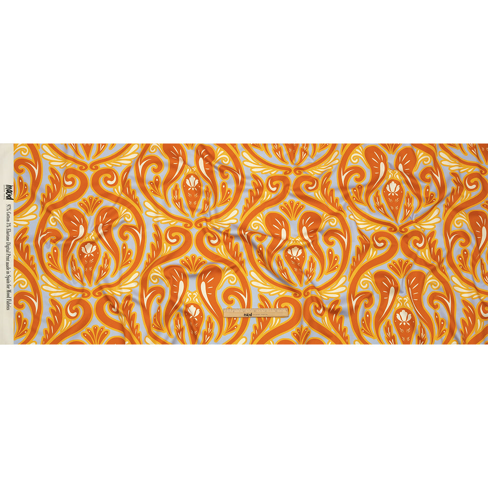 Stretch Cotton Sateen - Orange Ornamental Paisleys - Vacation Vibrations Print - Mood Exclusive Groove Collection - Full