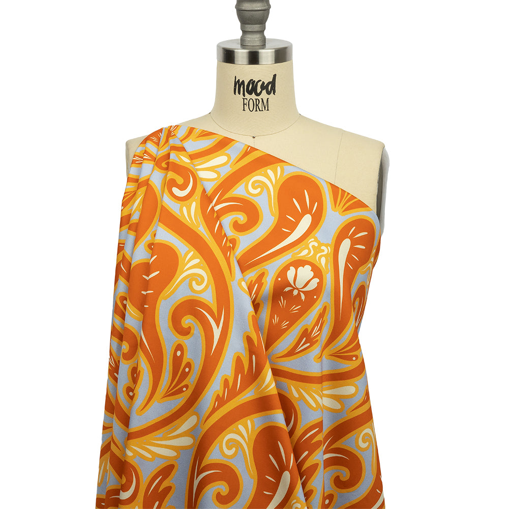 Stretch Cotton Sateen - Orange Ornamental Paisleys - Vacation Vibrations Print - Mood Exclusive Groove Collection - Drape