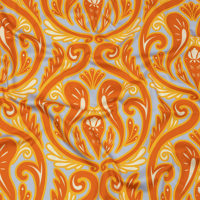 Stretch Cotton Sateen - Orange Ornamental Paisleys - Vacation Vibrations Print - Mood Exclusive Groove Collection